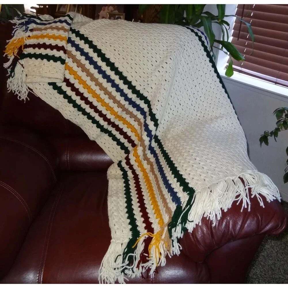Hand Crocheted Afghan White With Stripes of Blue, Gold, Beige 37